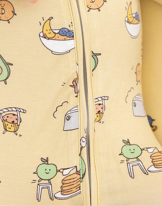 Bamboo baby sleepsuit zipper and breakfast print fabric detail - MUHONG APPAREL