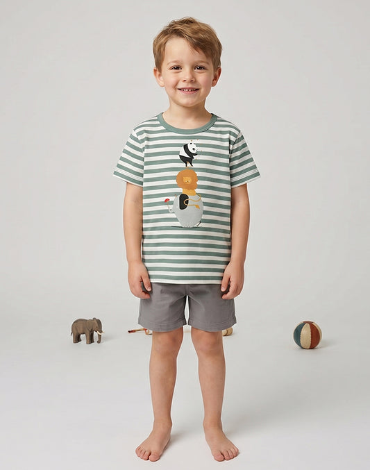Cartoon animal print detail on kids striped cotton T-shirt - MUHONG APPAREL