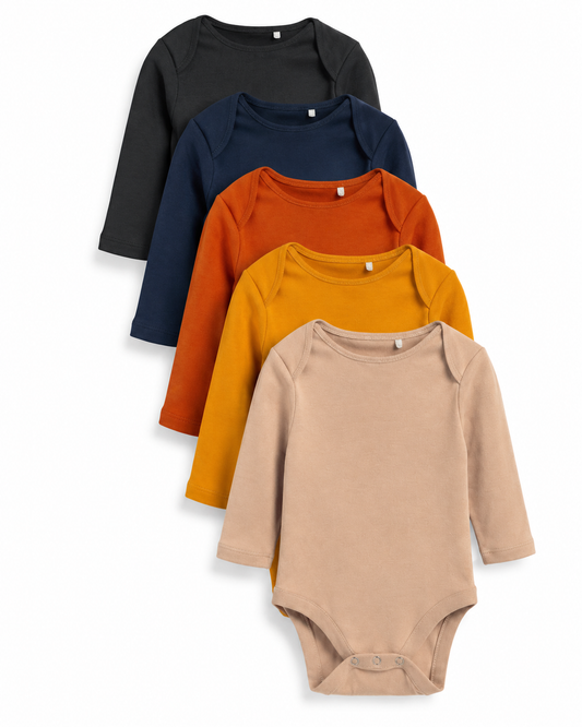 Five-pack baby long-sleeve cotton bodysuits in black navy rust mustard and beige