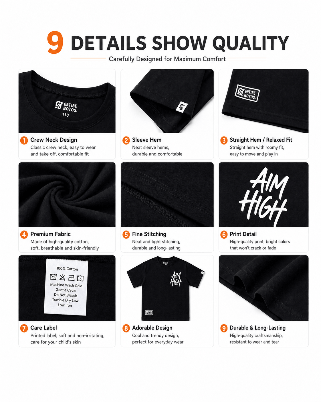 Crew neck, sleeve, print, stitching, and construction details of boys Aim High T-shirt