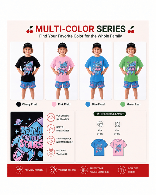Boys rocket graphic T-shirt shown in black pink blue and green colors