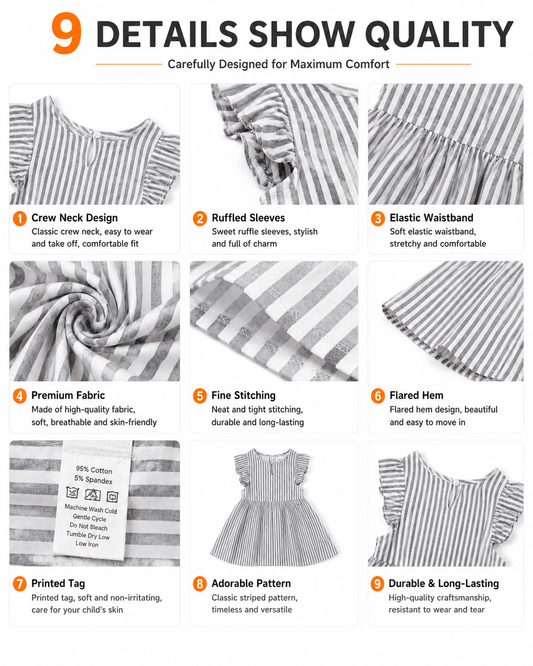 Detail views of blue striped sibling matching boys shirt and girls dress