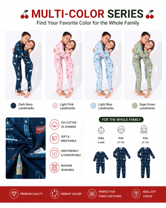 Space print sibling matching pajama sets shown in multiple colorways