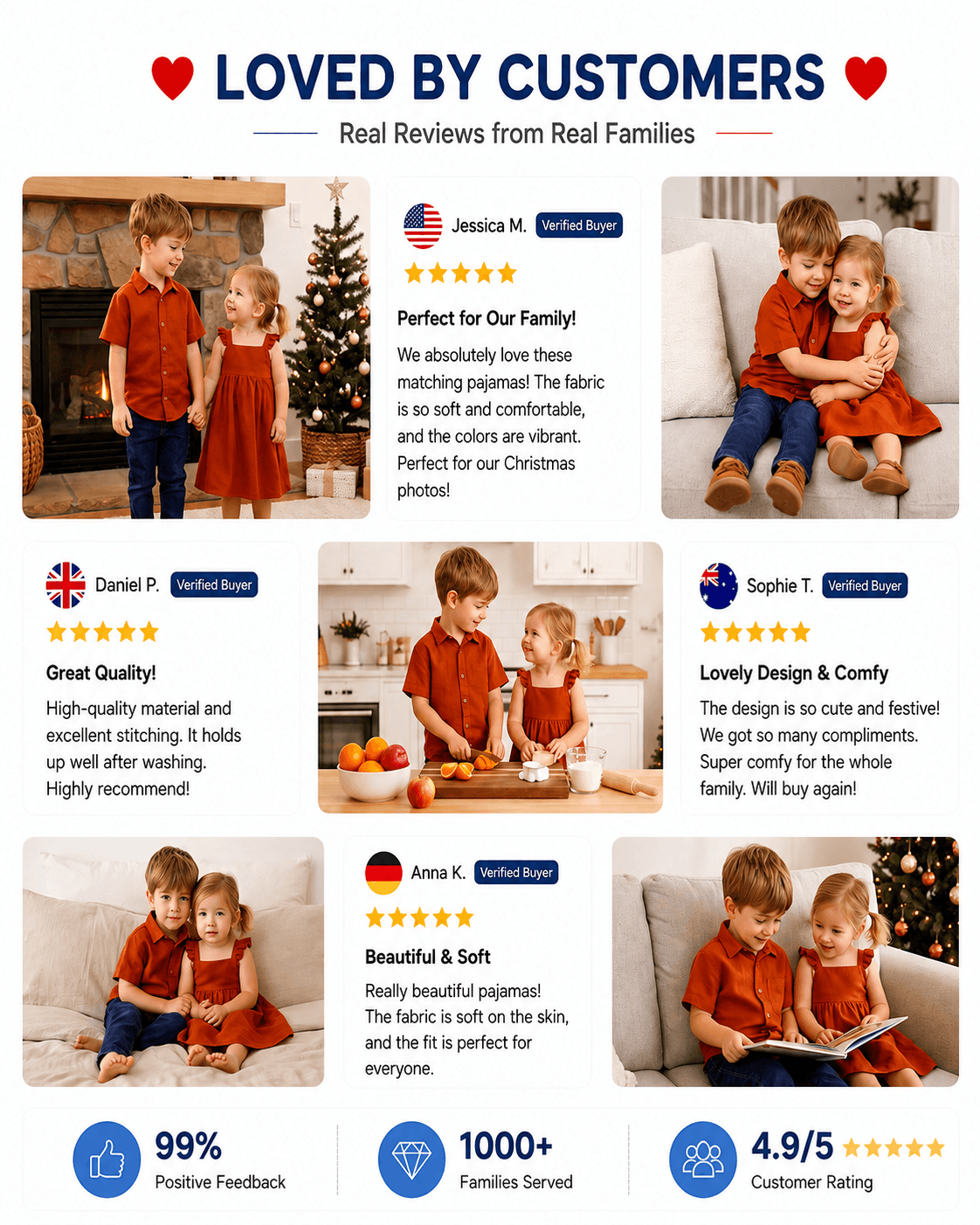 Customer review collage featuring rust orange sibling matching outfits