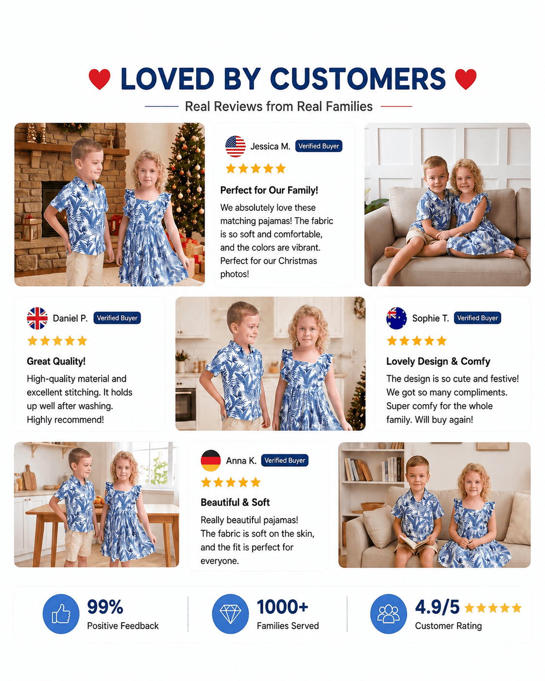 Customer review collage featuring blue palm leaf sibling matching outfits
