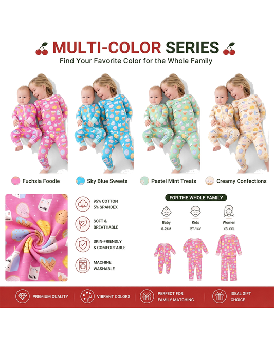 Sibling matching pajamas and baby rompers shown in multiple colorways