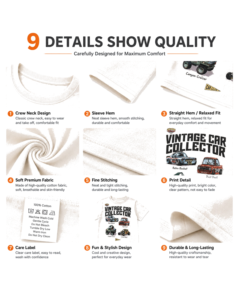 Crew neck, sleeve, print, stitching, and construction details of boys vintage car T-shirt