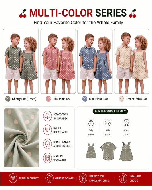 Sage green, pink, blue, and ivory polka dot sibling outfit color options
