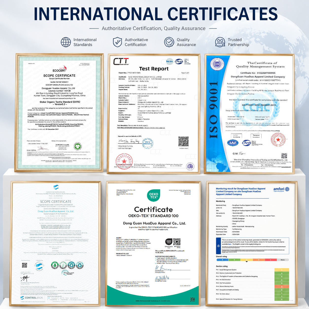 International apparel compliance documents including GOTS, OEKO-TEX Standard 100, ISO 9001, product test reports and an amfori BSCI audit