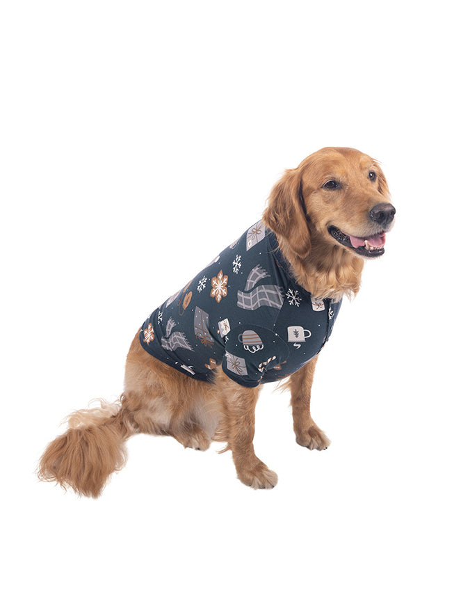 Dog wearing matching gingerbread print cotton pajama shirt - Alice Apparel