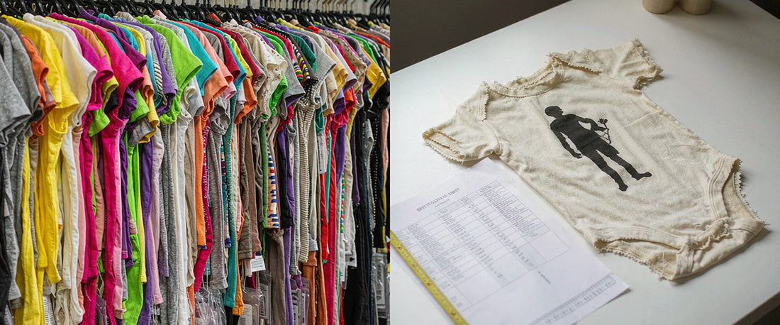 wholesale stock shelves contrasted with custom developed kidswear samples