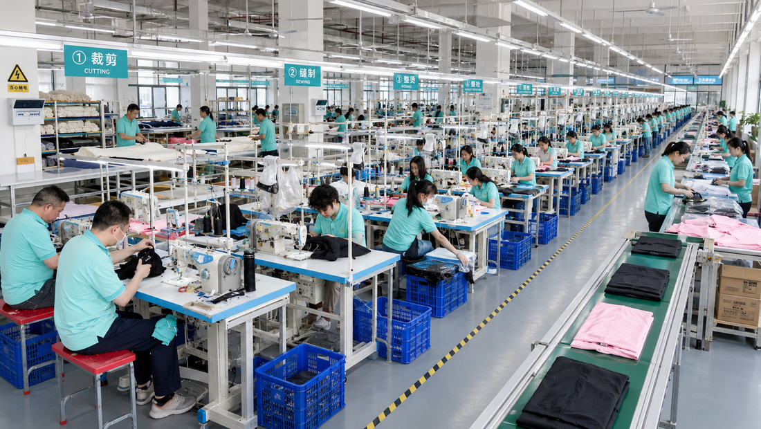 Muhong Apparel baby and kids clothing factory production floor in Dongguan, China