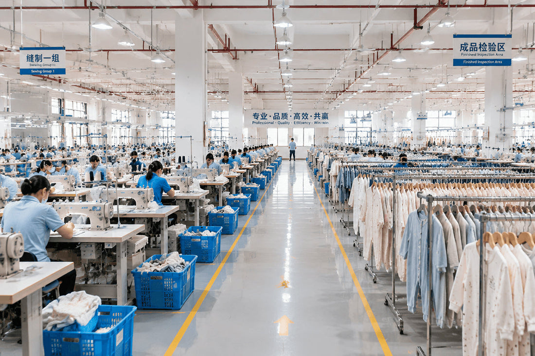 Muhong Apparel baby and kids clothing factory production floor in Dongguan, China