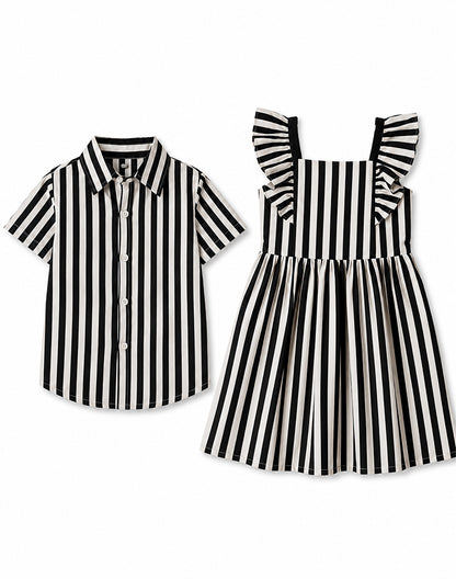 Sibling matching black and white striped set boy shirt and girl dress flat lay - Alice Apparel