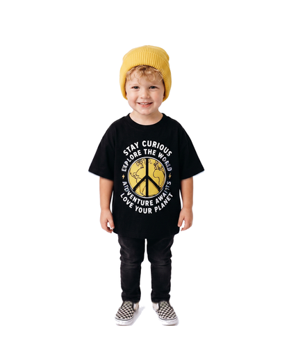 Boy wearing black Explore the World graphic short sleeve T-shirt
