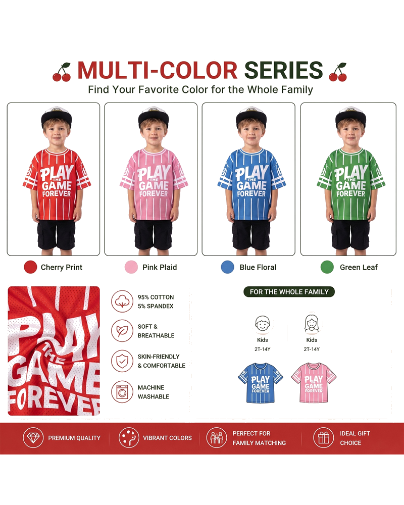 Boys striped graphic T-shirts shown in red, pink, light blue, and green