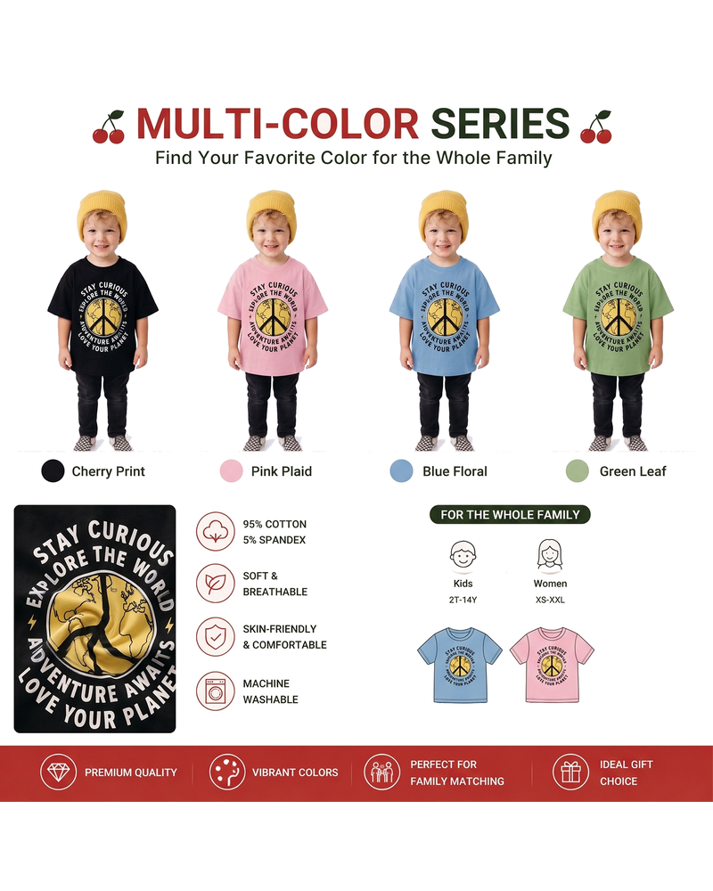 Boys adventure graphic T-shirt shown in black pink blue and green colors