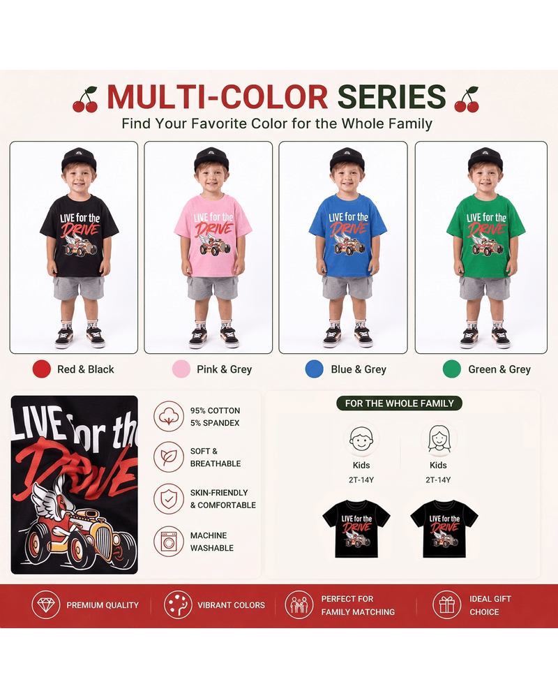 Boys racing car graphic T-shirts shown in black, pink, blue, and green