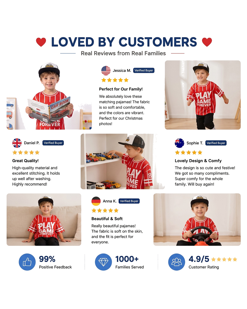 Customer review collage featuring boys red striped graphic T-shirt