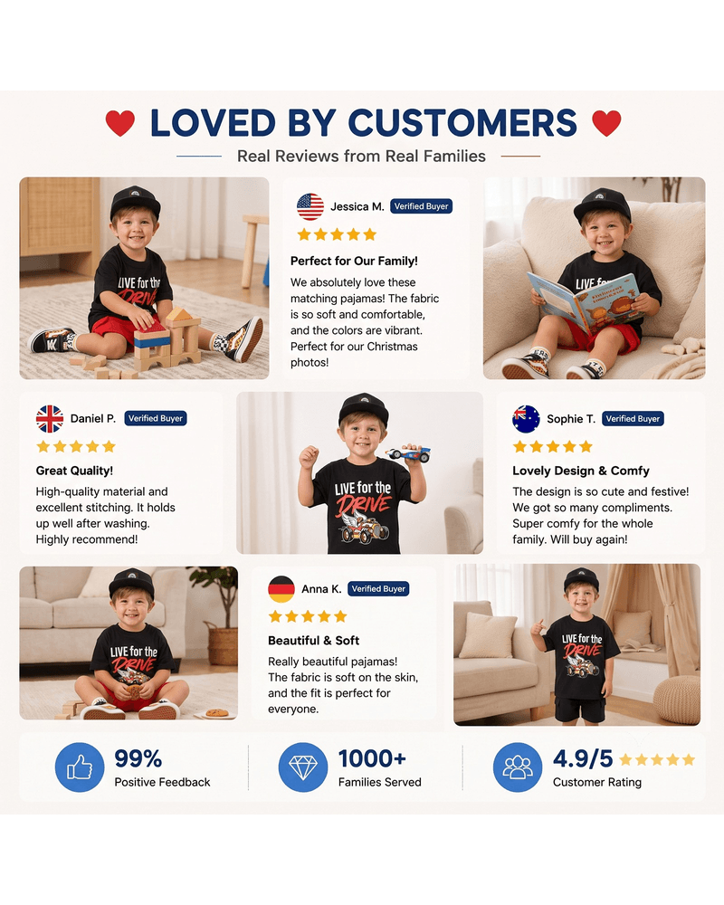 Customer review collage featuring boys racing car graphic T-shirt