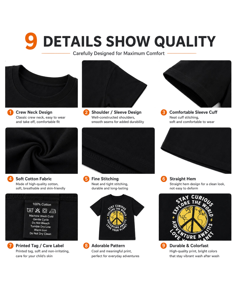 Detail views of boys black adventure graphic short sleeve T-shirt
