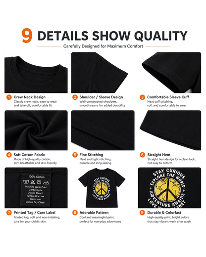 Detail views of boys black adventure graphic short sleeve T-shirt