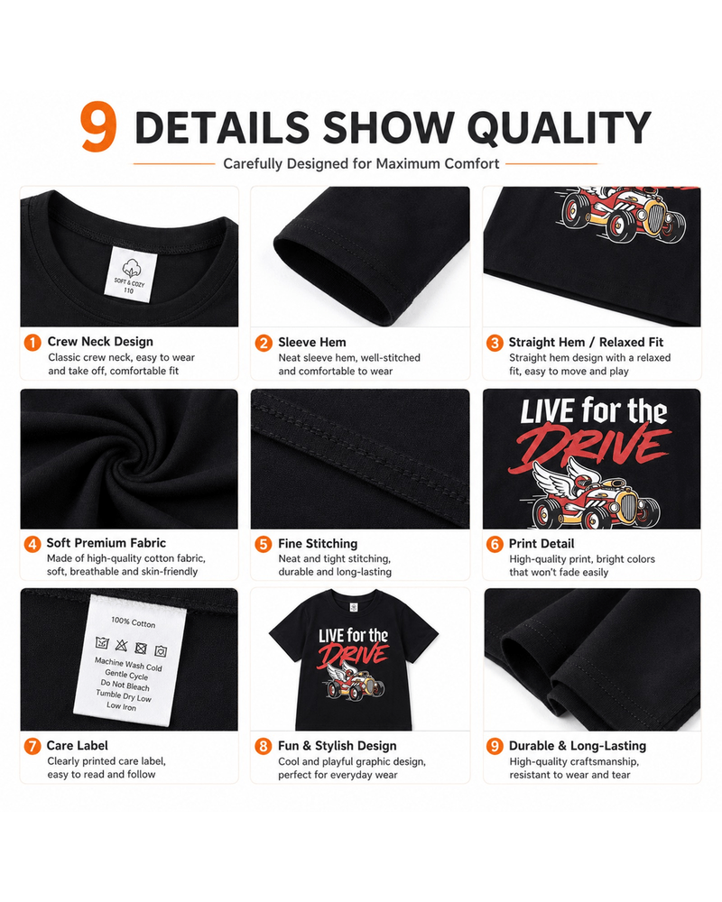 Crew neck, sleeve, print, stitching, and construction details of boys racing car T-shirt