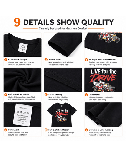 Crew neck, sleeve, print, stitching, and construction details of boys racing car T-shirt