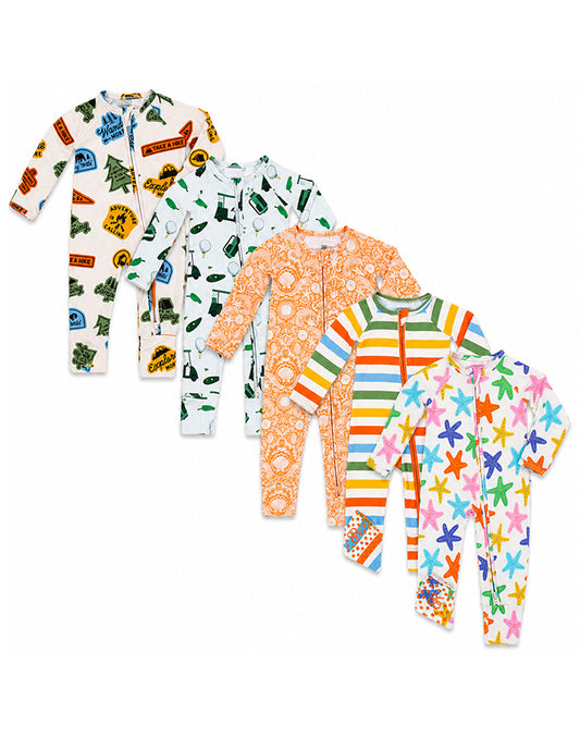 Bamboo viscose baby footed zip sleepsuit multi-print collection flat lay - Alice Apparel
