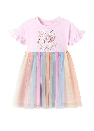 Girls pink bunny print dress with ruffle sleeves and pastel rainbow tulle skirt