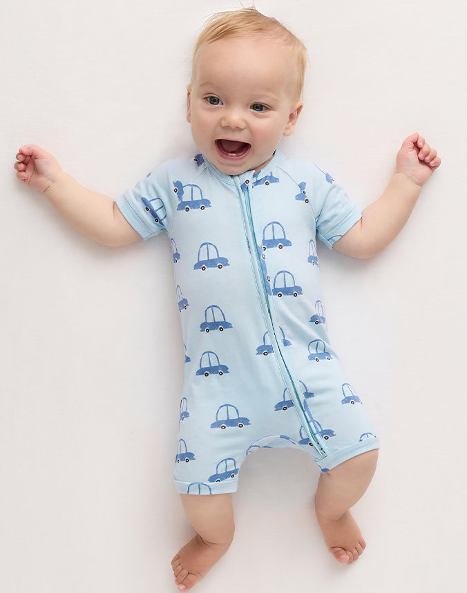 Baby wearing bamboo viscose car print shortie zip romper - Alice Apparel