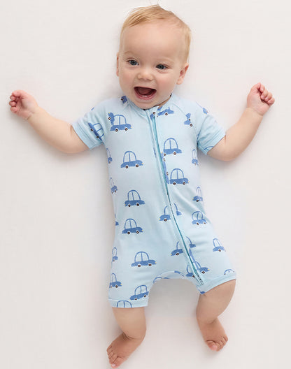 Baby wearing bamboo viscose car print shortie zip romper - Alice Apparel