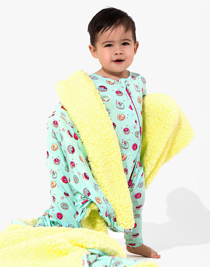 Baby wearing bamboo viscose mint donut print zip sleepsuit with blanket - Alice Apparel