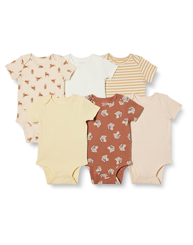 Unisex baby short sleeve bodysuit 5-pack warm neutral animal print set - Alice Apparel