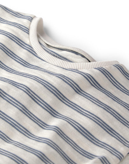 Blue and white striped cotton tee neckline detail - Alice Apparel