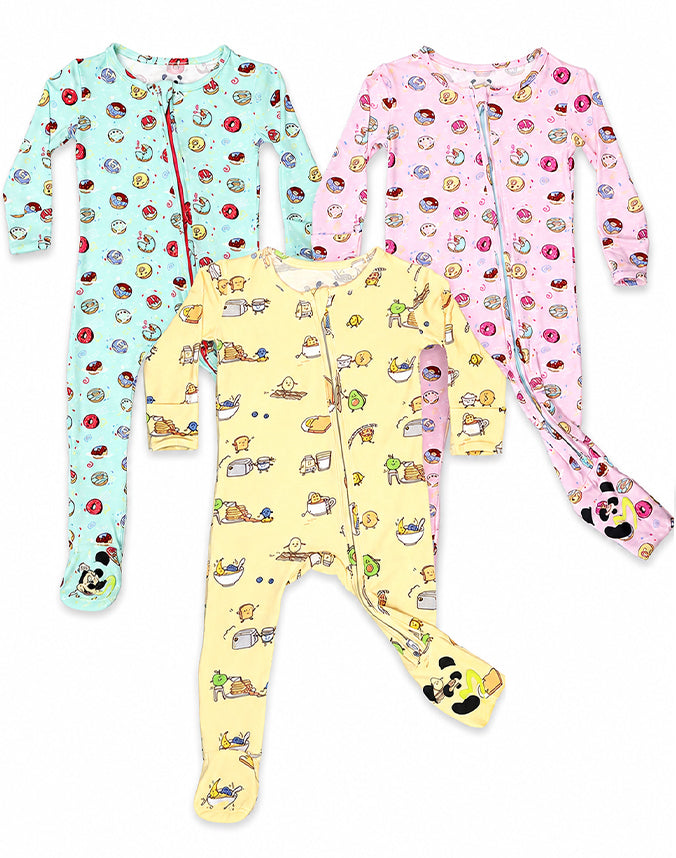 Bamboo viscose baby zip sleepsuit 3-pack donut and breakfast print - Alice Apparel