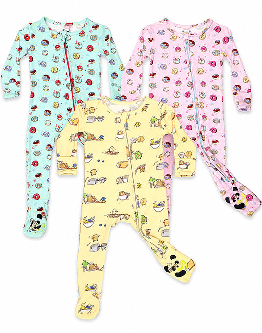 Bamboo viscose baby zip sleepsuit 3-pack donut and breakfast print - Alice Apparel