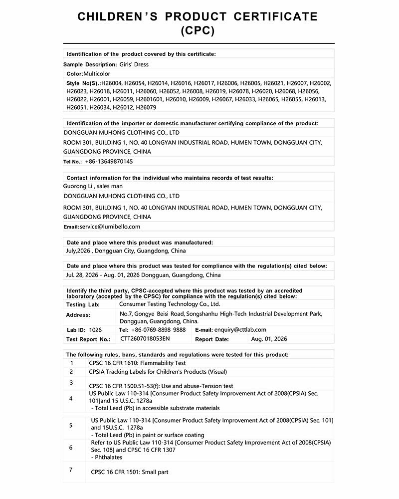 Children's Product Certificate documentation for applicable kidswear products