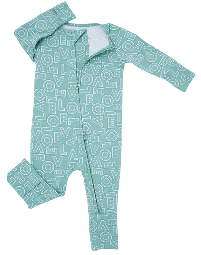 Bamboo viscose baby zip romper with love letter print sage green - Alice Apparel