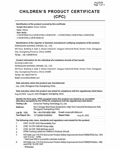 Children's Product Certificate documentation for applicable kids sleepwear styles