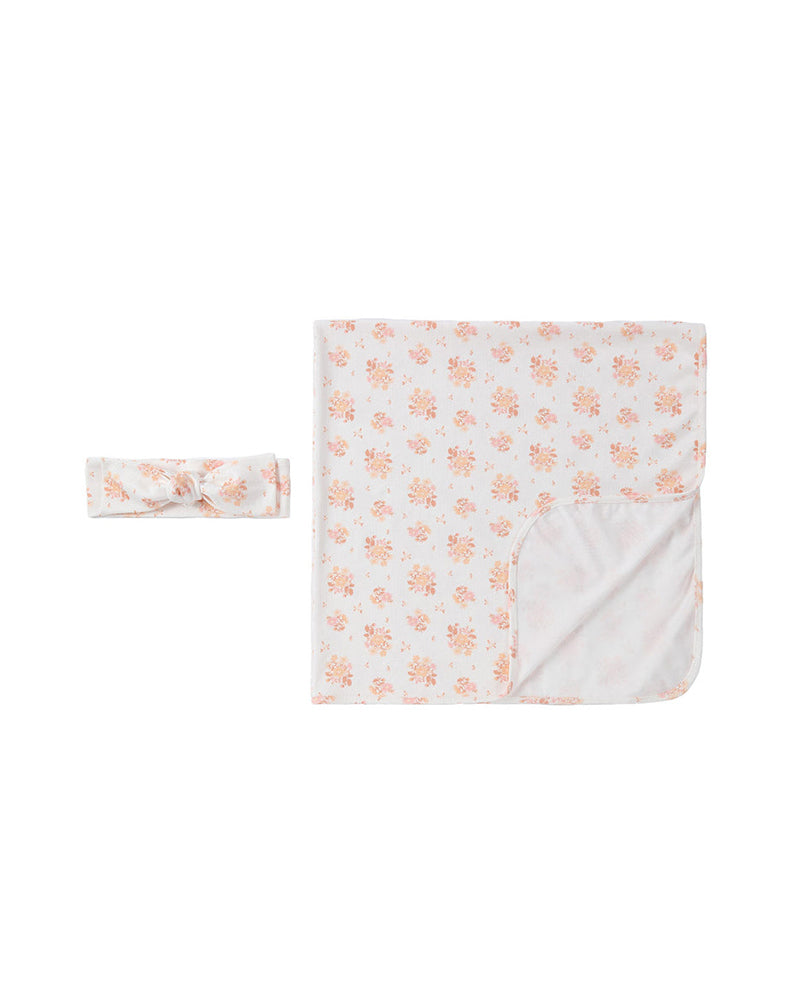 Baby floral cotton stretch swaddle blanket with matching bow headband set