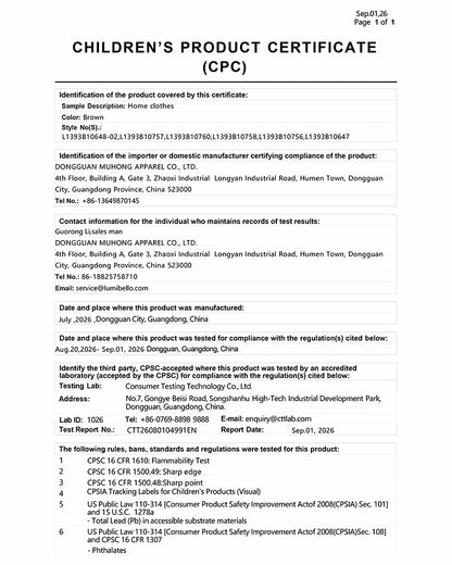Children's product certificate supporting kids pajama compliance
