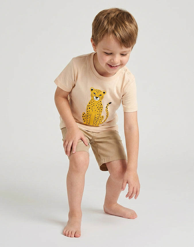 Boy wearing leopard print kids cotton T-shirt with beige shorts - Alice Apparel