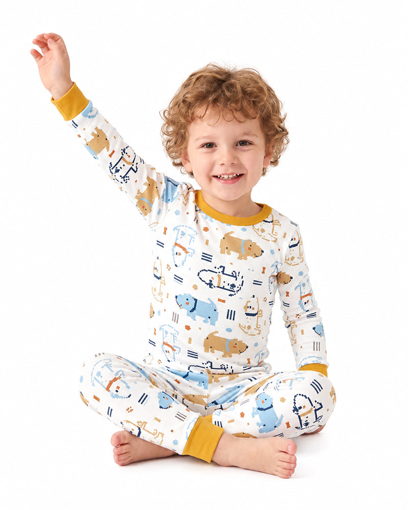 Boy wearing playful animal print long sleeve kids pajama set