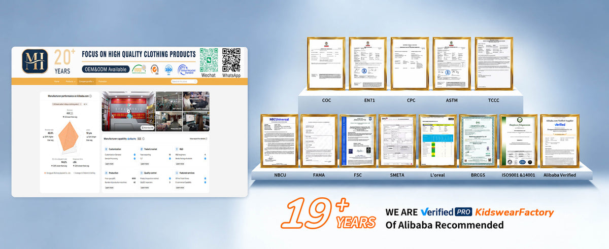19+ years kids wear manufacturer, OEM ODM children clothing factory with full certificates, ISO9001, CPC, EN71, ASTM, BRCGS, SMETA, Alibaba verified supplier