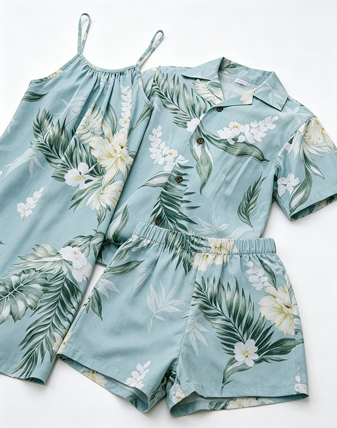 Tropical floral sibling matching set with boy shirt shorts and girl halter dress - Alice Apparel
