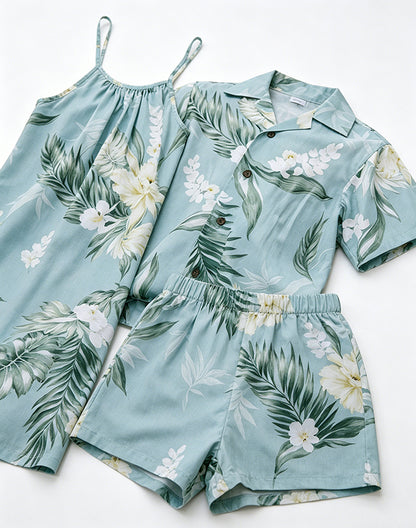 Tropical floral sibling matching set with boy shirt shorts and girl halter dress - Alice Apparel