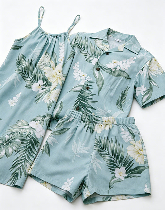 Tropical floral sibling matching set with boy shirt shorts and girl halter dress - MUHONG APPAREL