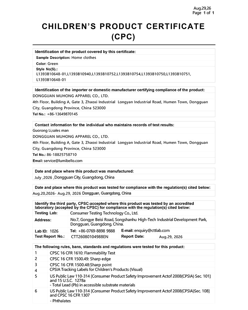 Example Children's Product Certificate documentation from MUHONG APPAREL