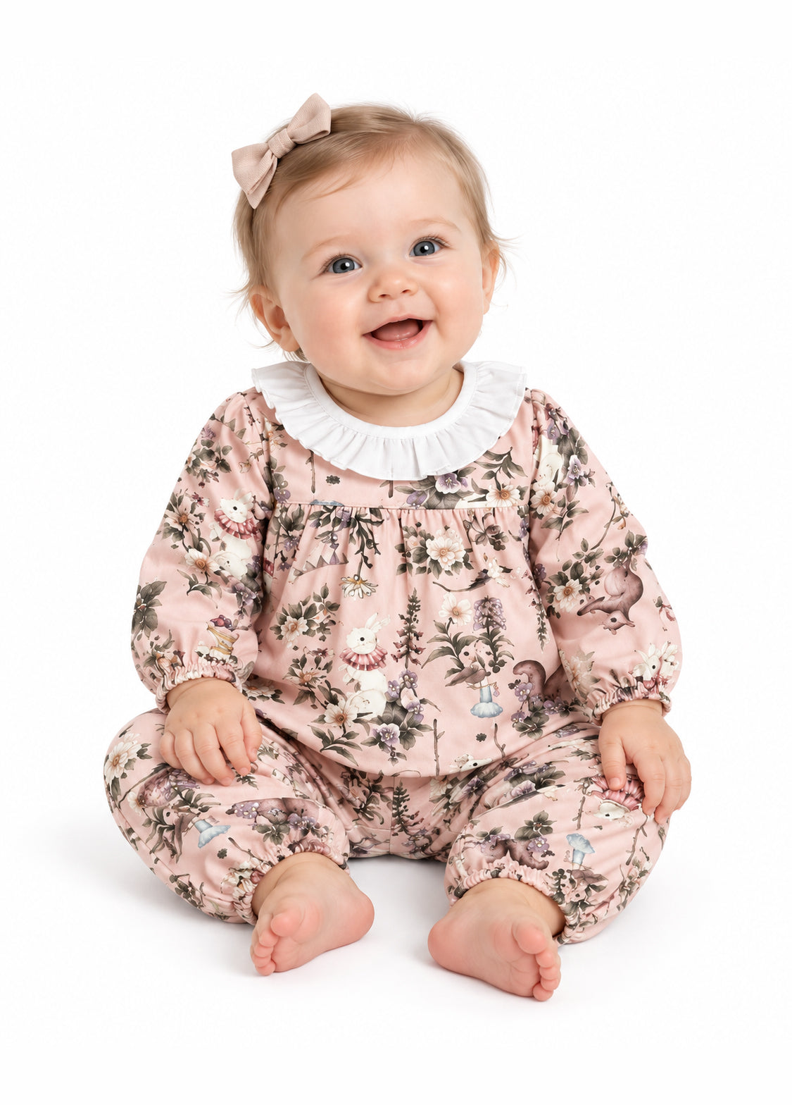 Baby wearing bamboo viscose pajama set from custom clothing manufacturer